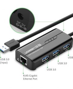 Cấu tạo của bộ chia USB 3 cổng 3.0 Ugreen hỗ trợ cổng Lan Ethernet 10/100Mbps