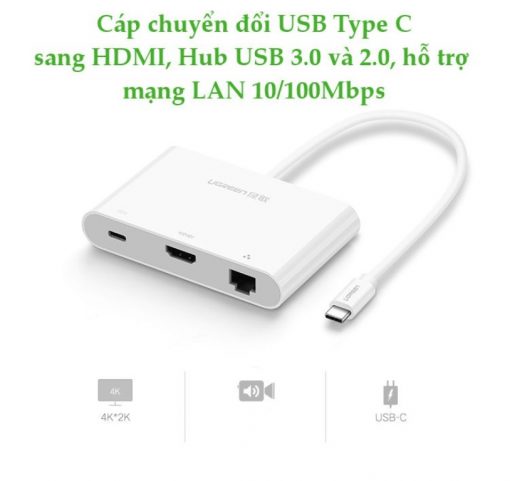 Cáp USB-C to VGA + LAN + USB/USB-C hỗ trợ mạng Lan 10/100Mbps